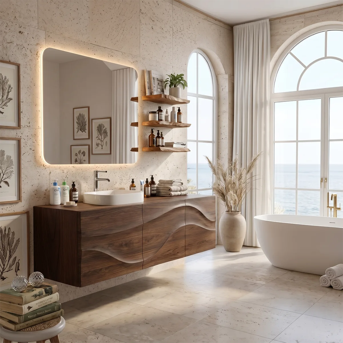 Floating Bathroom Vanity with 3 Doors | Sculpted Wave Front Wall Mounted Vanity Cabinet