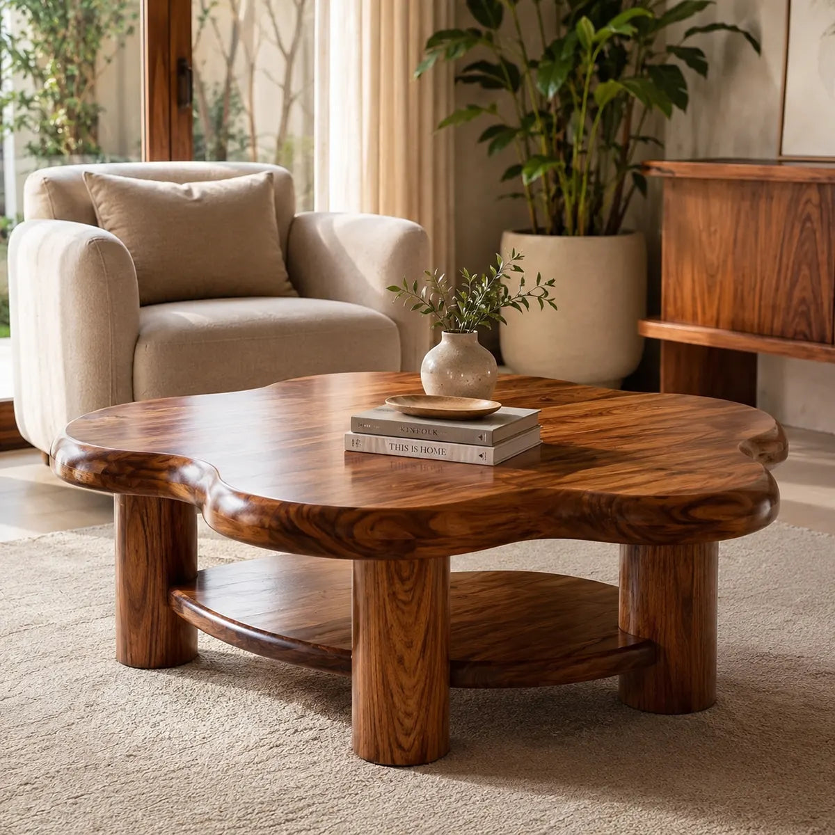 Organic Solid Wood Coffee Table with Storage Shelf | Rustic Modern Living Room Table TT006-5021