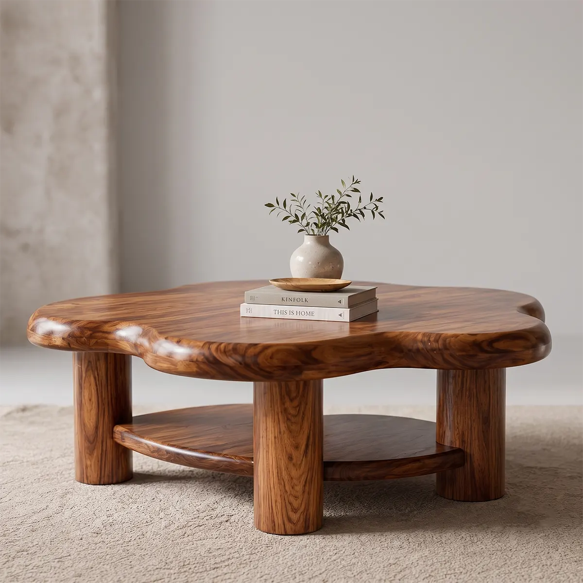 Organic Solid Wood Coffee Table with Storage Shelf | Rustic Modern Living Room Table TT006-5021