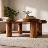 Organic Solid Wood Coffee Table with Storage Shelf | Rustic Modern Living Room Table TT006-5021