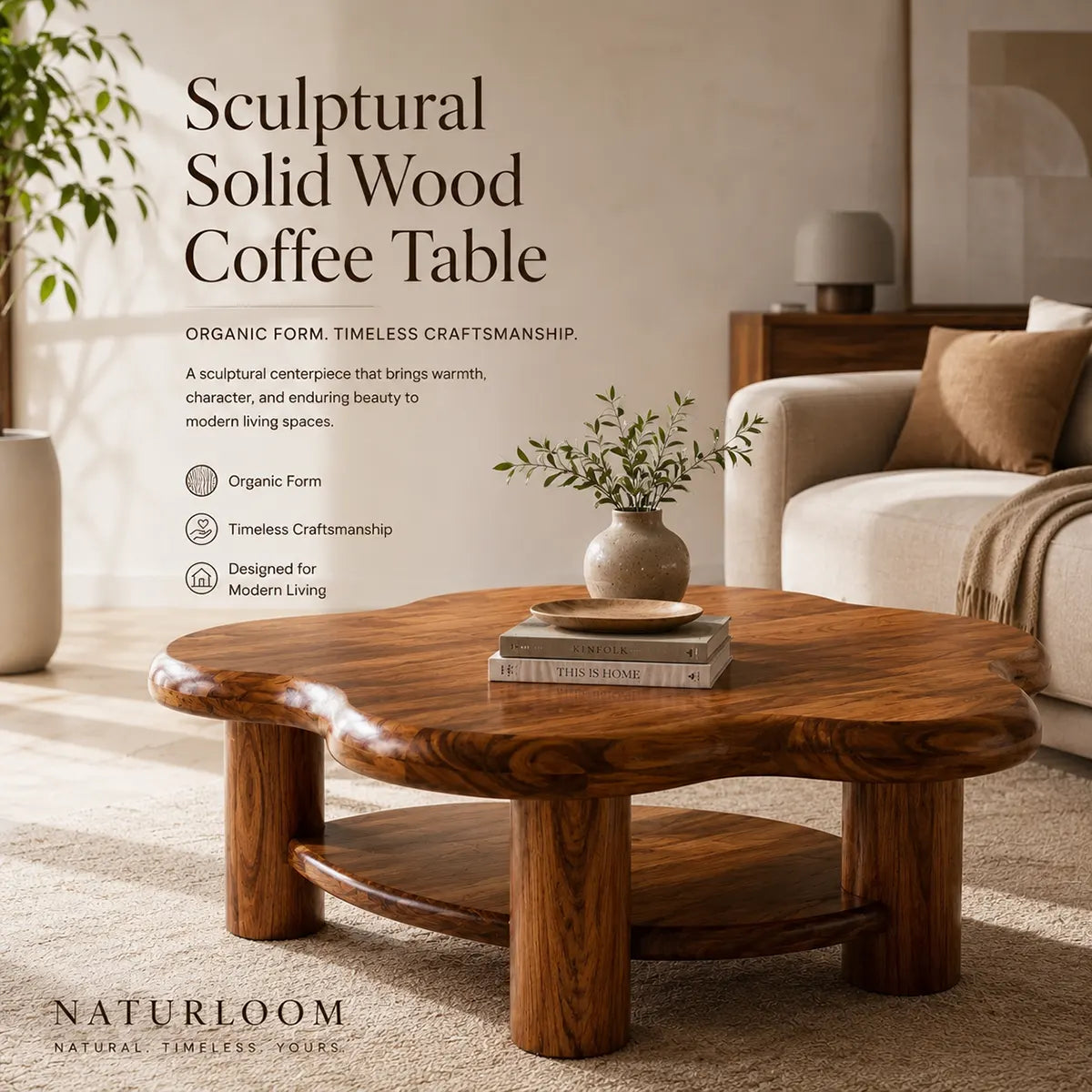 Organic Solid Wood Coffee Table with Storage Shelf | Rustic Modern Living Room Table TT006-5021