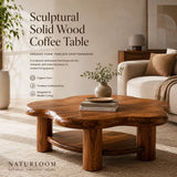 Organic Solid Wood Coffee Table with Storage Shelf | Rustic Modern Living Room Table TT006-5021
