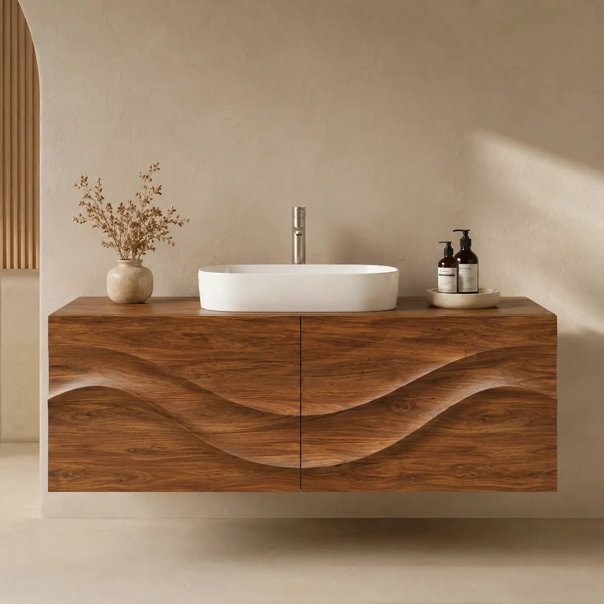 Floating Bathroom Vanity with 2 Doors | Sculpted Wave Front Wall Mounted Vanity Cabinet