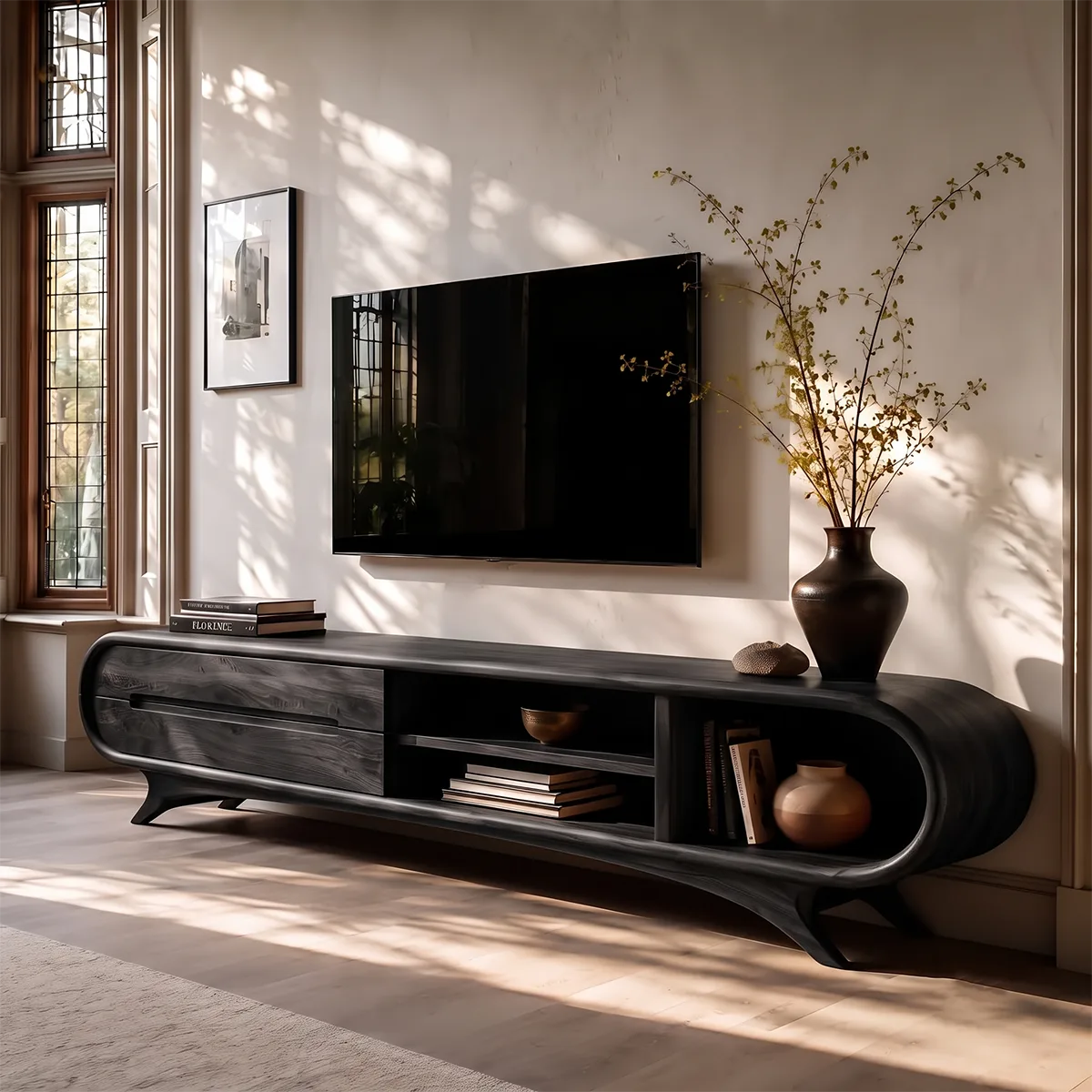 Modern Curved TV Stand with 2 Drawers & 3 Open Storage Areas | Sculptural Media Console