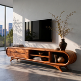 Modern Curved TV Stand with 2 Drawers & 3 Open Storage Areas | Sculptural Media Console