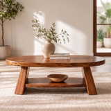 Solid Wood Oval Coffee Table with Storage Shelf | Modern Organic Living Room Table TT006-8795