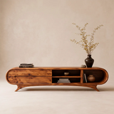 Modern Curved TV Stand with 2 Drawers & 3 Open Storage Areas | Sculptural Media Console