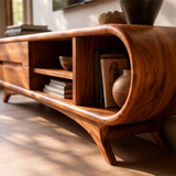Modern Curved TV Stand with 2 Drawers & 3 Open Storage Areas | Sculptural Media Console