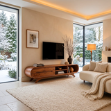 Modern Curved TV Stand with 2 Drawers & 3 Open Storage Areas | Sculptural Media Console