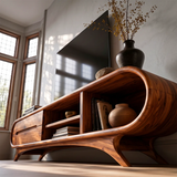 Modern Curved TV Stand with 2 Drawers & 3 Open Storage Areas | Sculptural Media Console