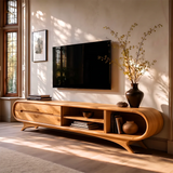 Modern Curved TV Stand with 2 Drawers & 3 Open Storage Areas | Sculptural Media Console