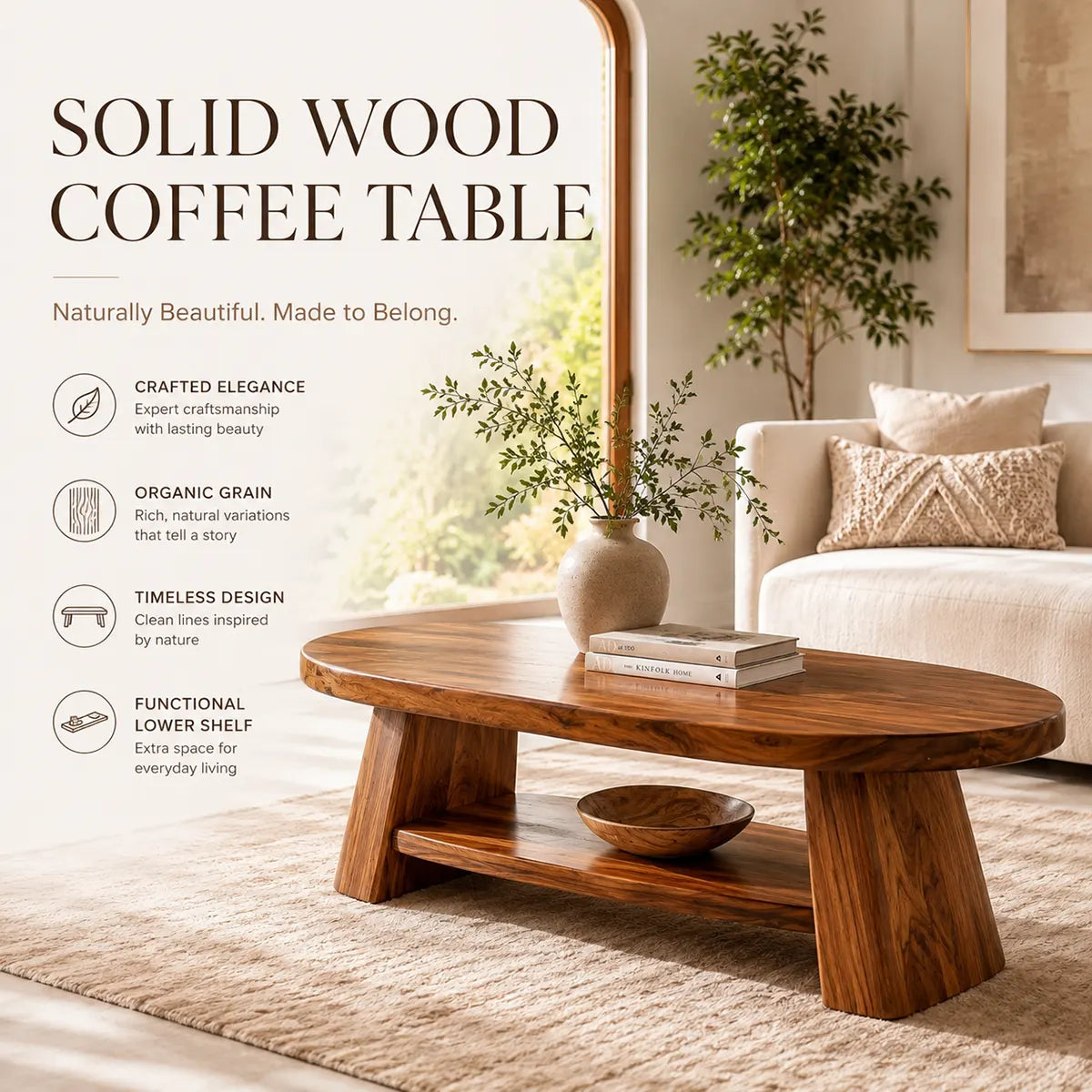 Solid Wood Oval Coffee Table with Storage Shelf | Modern Organic Living Room Table TT006-8795