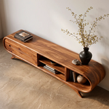 Modern Curved TV Stand with 2 Drawers & 3 Open Storage Areas | Sculptural Media Console