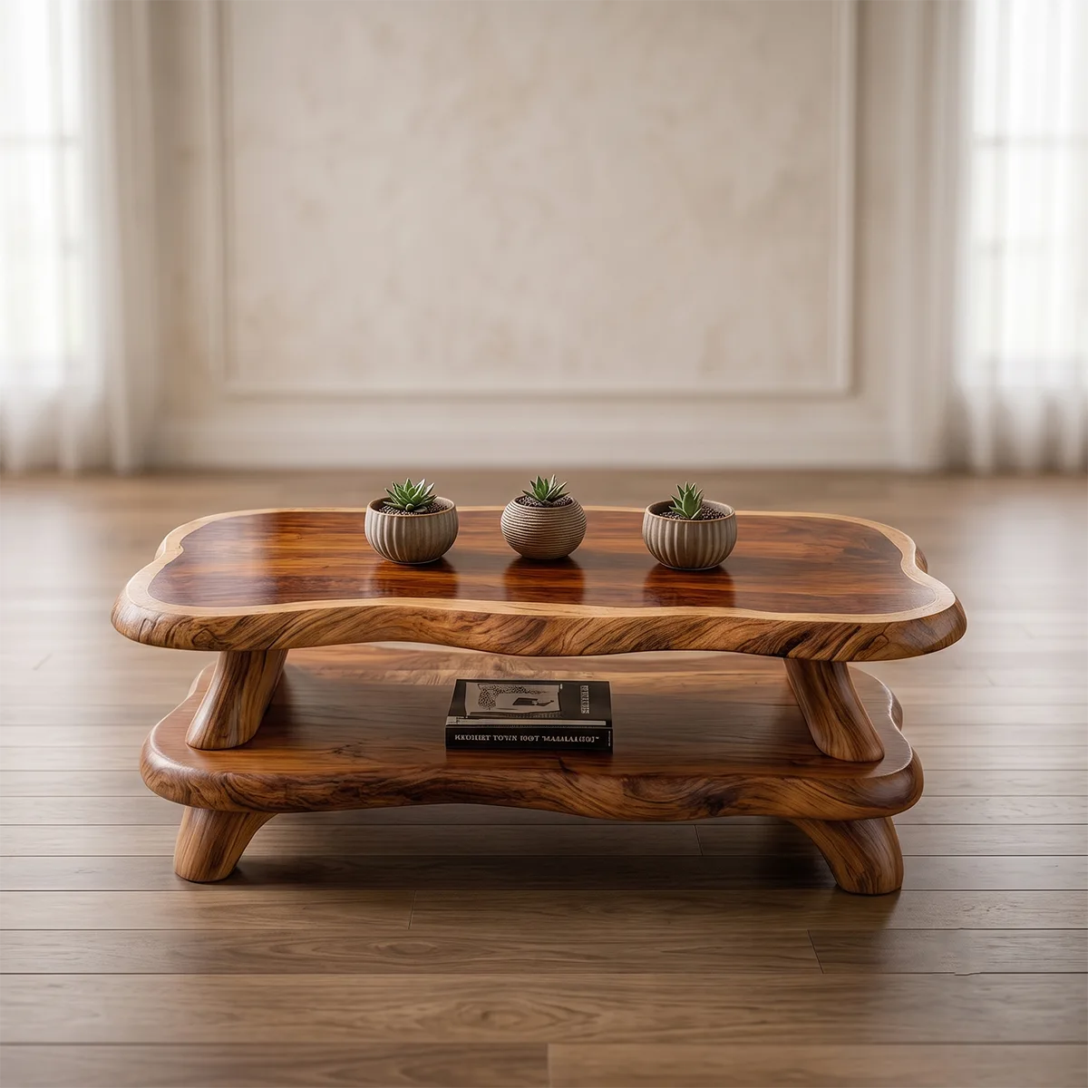 Organic Solid Wood Coffee Table with Storage Shelf | Modern Live Edge Center Table TT006-8710