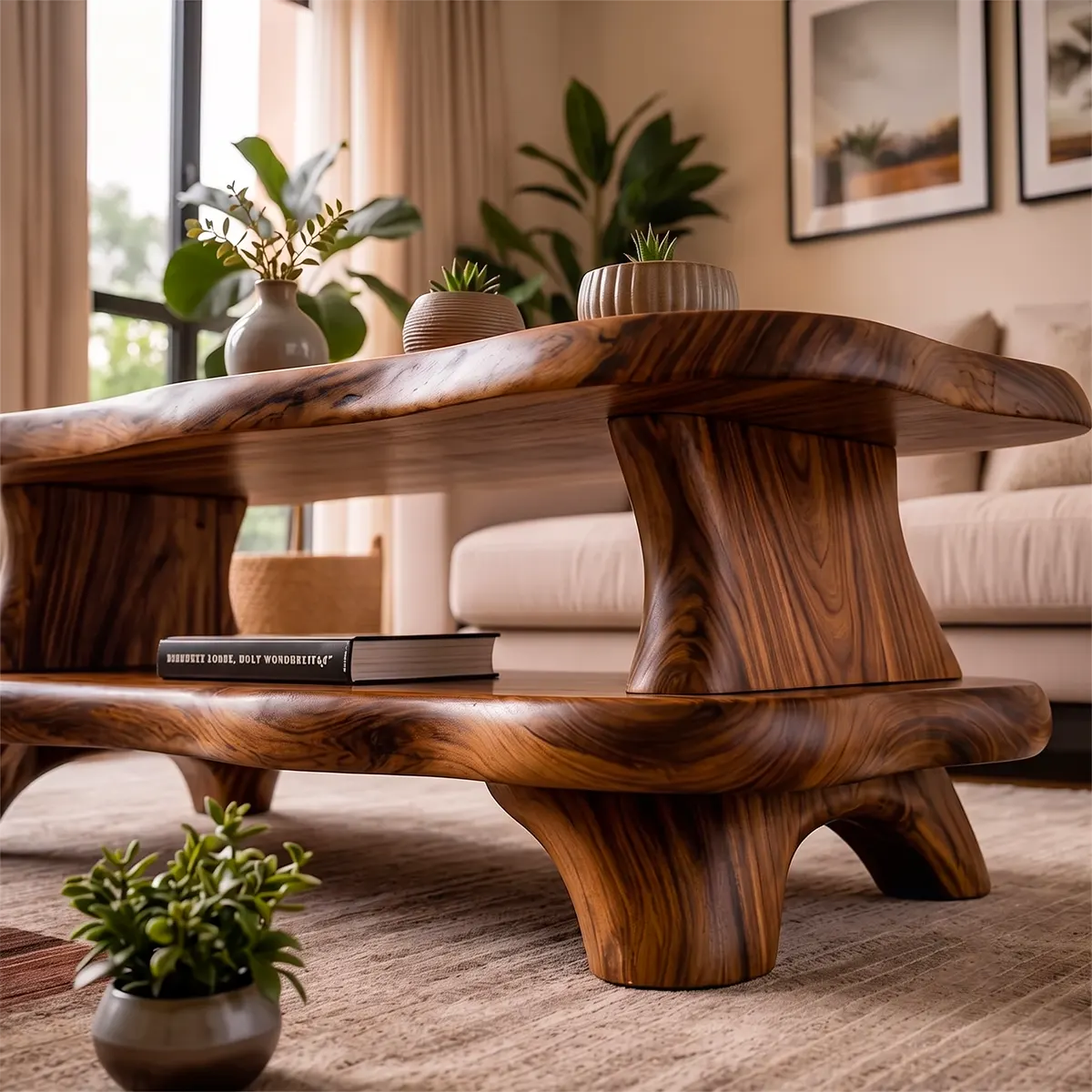 Organic Solid Wood Coffee Table with Storage Shelf | Modern Live Edge Center Table TT006-8710