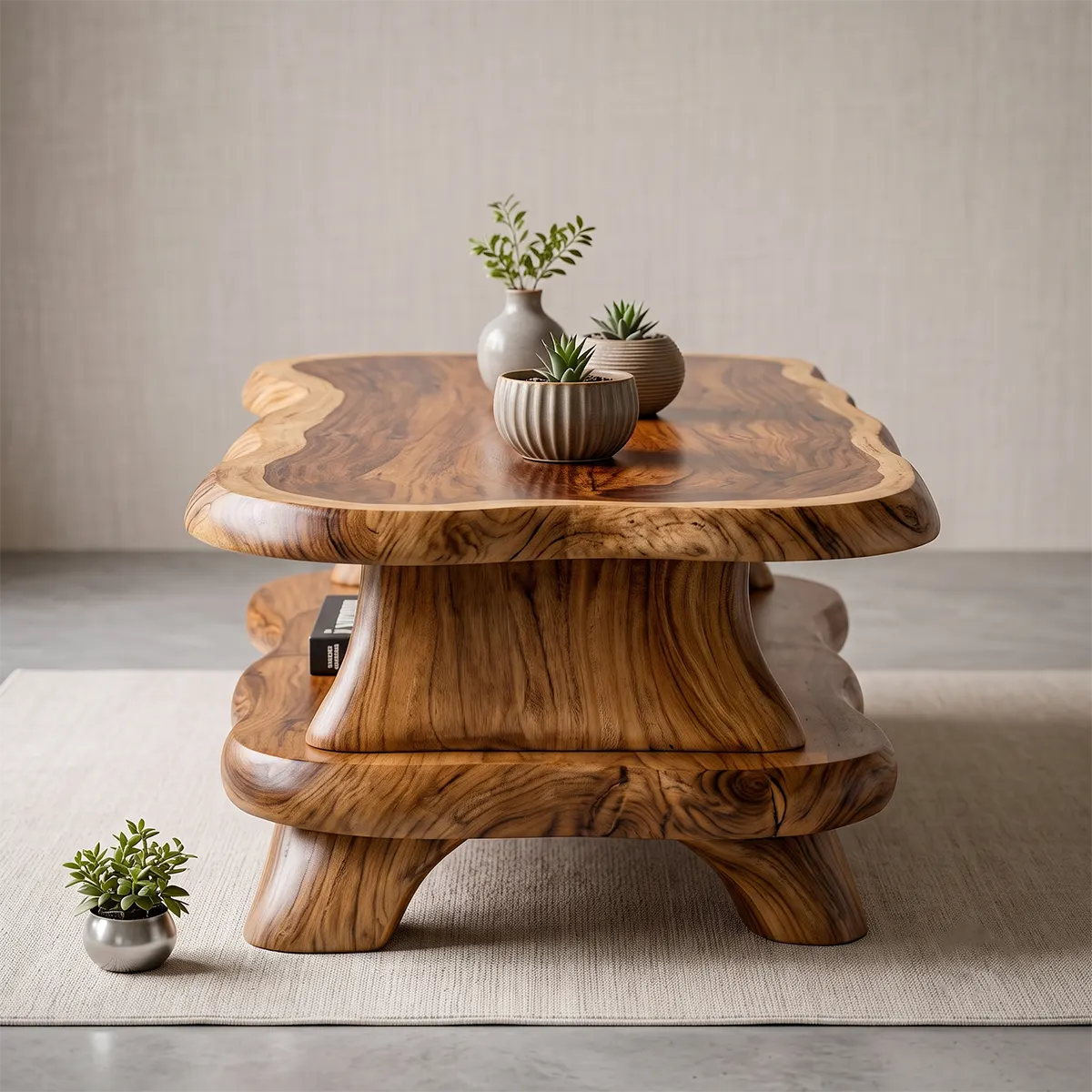 Organic Solid Wood Coffee Table with Storage Shelf | Modern Live Edge Center Table TT006-8710