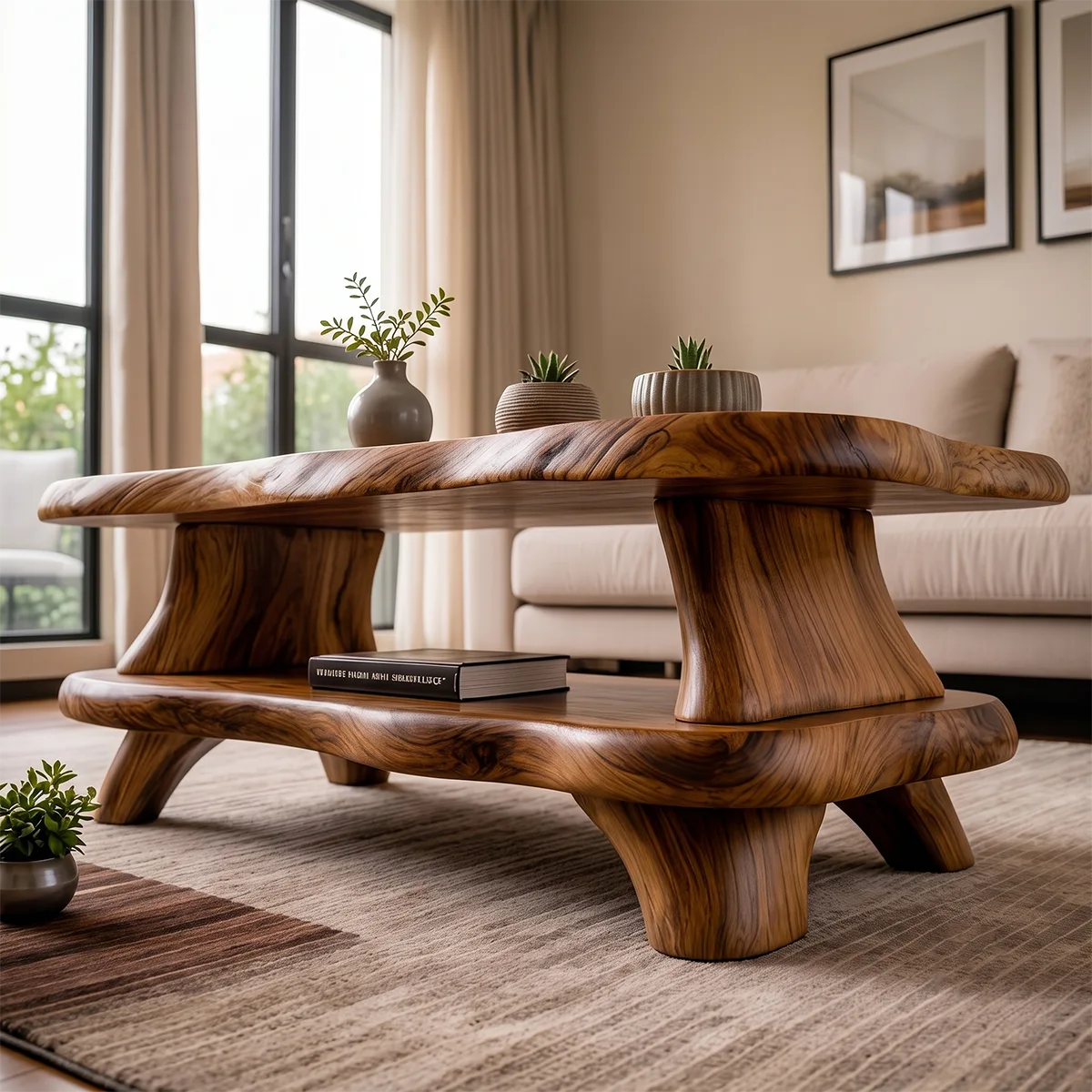 Organic Solid Wood Coffee Table with Storage Shelf | Modern Live Edge Center Table TT006-8710