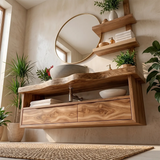 Floating Solid Wood Bathroom Vanity | Modern Bathroom Vanity with Double Drawers and Open Shelf TT006-7HIS6ML