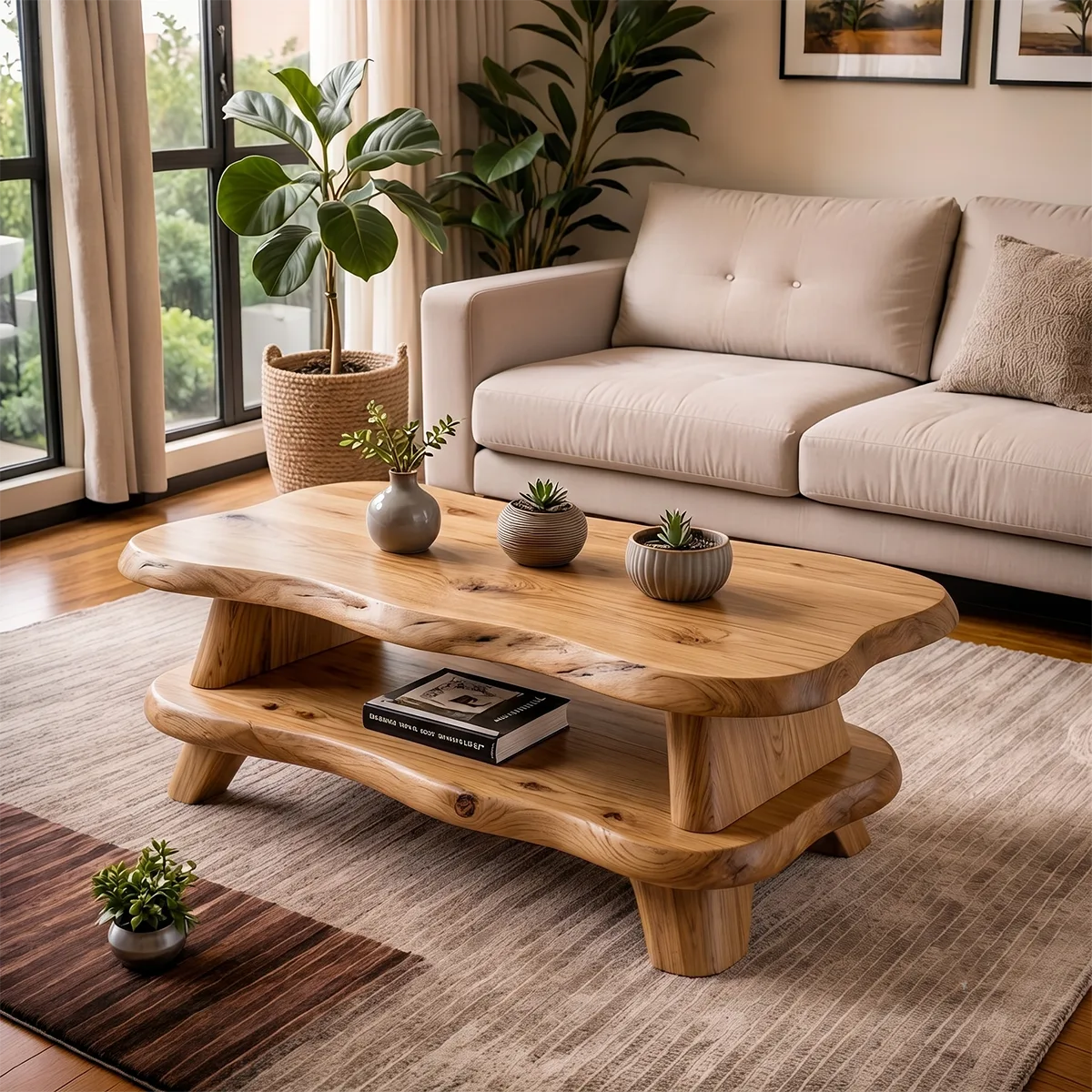 Organic Solid Wood Coffee Table with Storage Shelf | Modern Live Edge Center Table TT006-8710