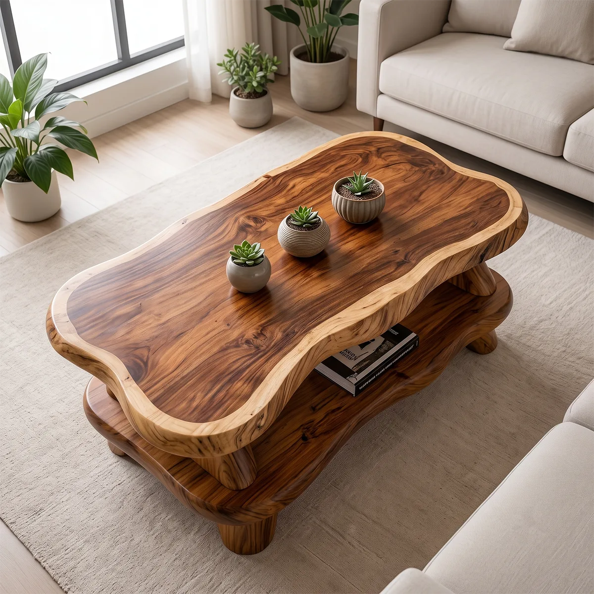 Organic Solid Wood Coffee Table with Storage Shelf | Modern Live Edge Center Table TT006-8710