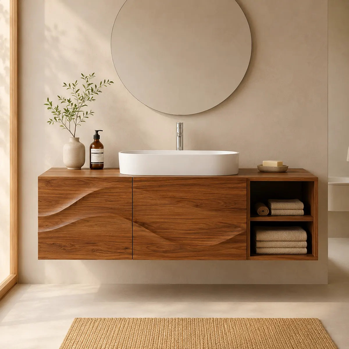 Floating Bathroom Vanity with 2 Doors | Carved Wave Front & Open Storage Shelves