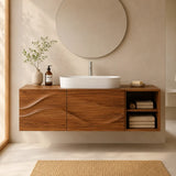 Floating Bathroom Vanity with 2 Doors | Carved Wave Front & Open Storage Shelves