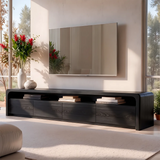 Modern TV Stand with 4 Enclosed Storage Compartments & Long Open Shelf