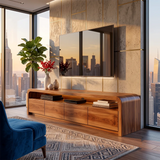 Modern TV Stand with 4 Enclosed Storage Compartments & Long Open Shelf