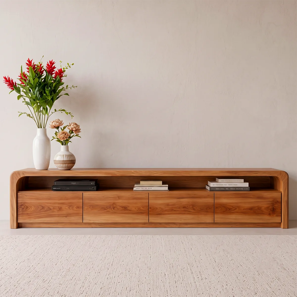 Modern TV Stand with 4 Enclosed Storage Compartments & Long Open Shelf
