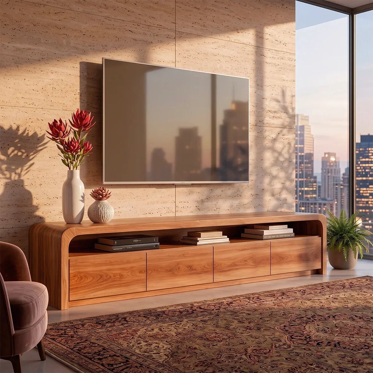 Modern TV Stand with 4 Enclosed Storage Compartments & Long Open Shelf