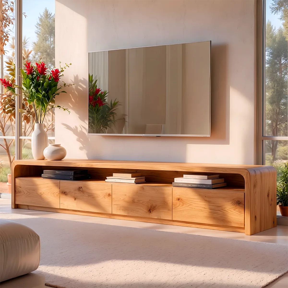 Modern TV Stand with 4 Enclosed Storage Compartments & Long Open Shelf