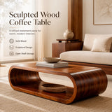 Solid Wood Waterfall Coffee Table with Open Storage | Modern Organic Living Room Table