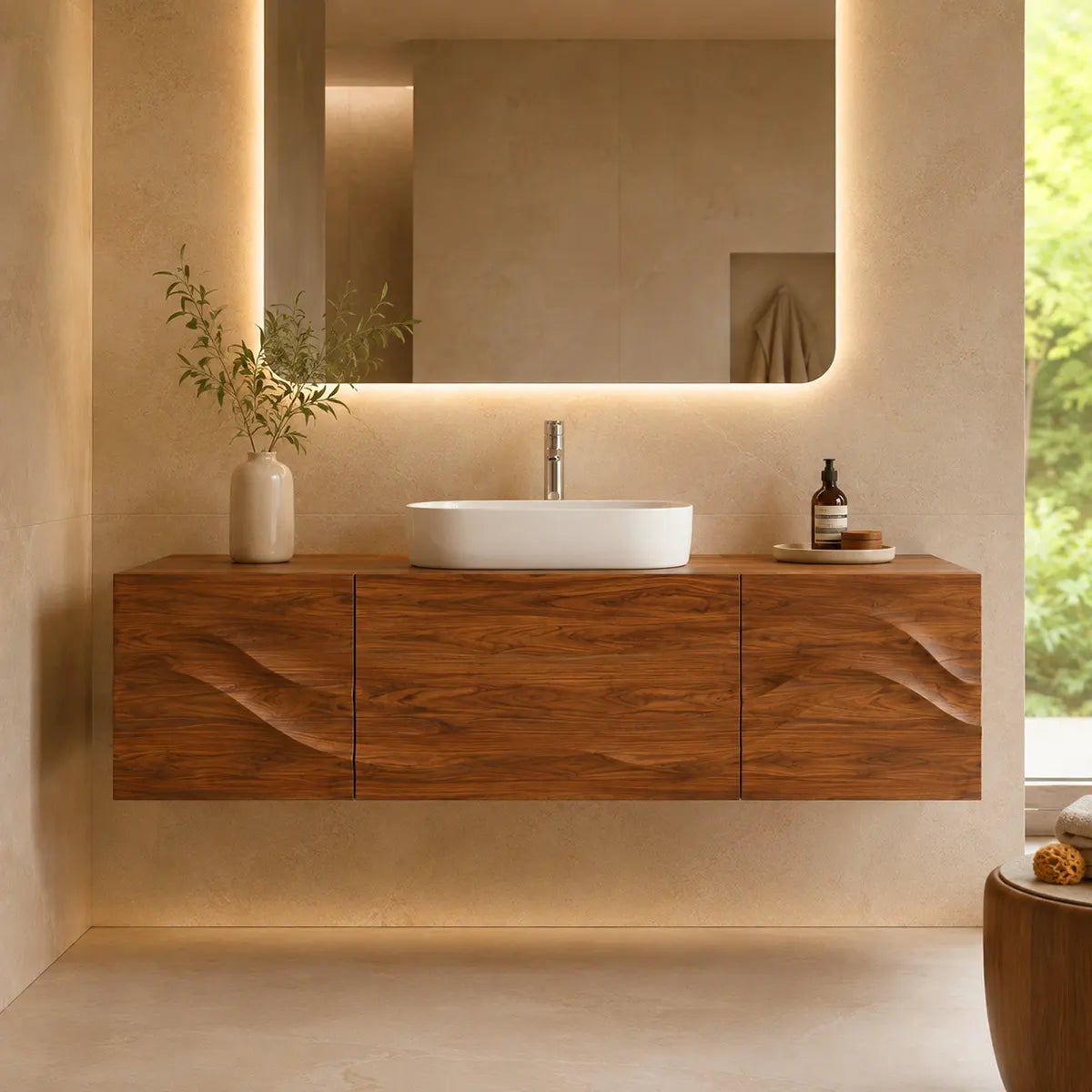 Floating Bathroom Vanity with 3 Doors | Sculpted Wave Front & Handleless Design