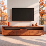 Modern TV Stand with 3 Enclosed Storage Compartments & Long Open Media Shelf