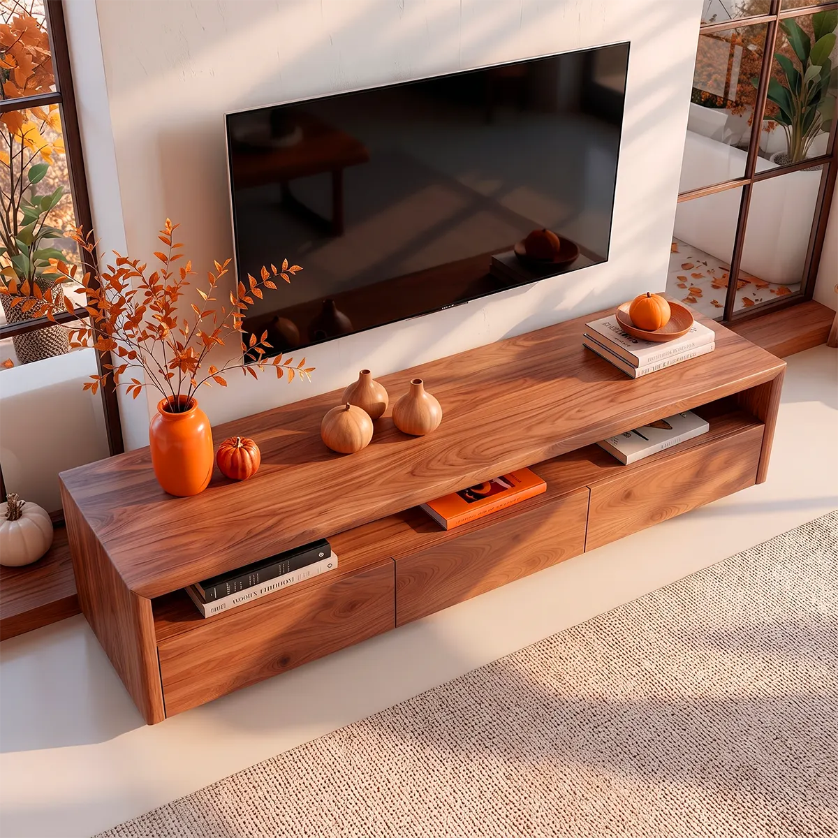 Modern TV Stand with 3 Enclosed Storage Compartments & Long Open Media Shelf