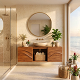 Floating Bathroom Vanity with 2 Sculpted Wave Doors & Center Open Storage Compartment