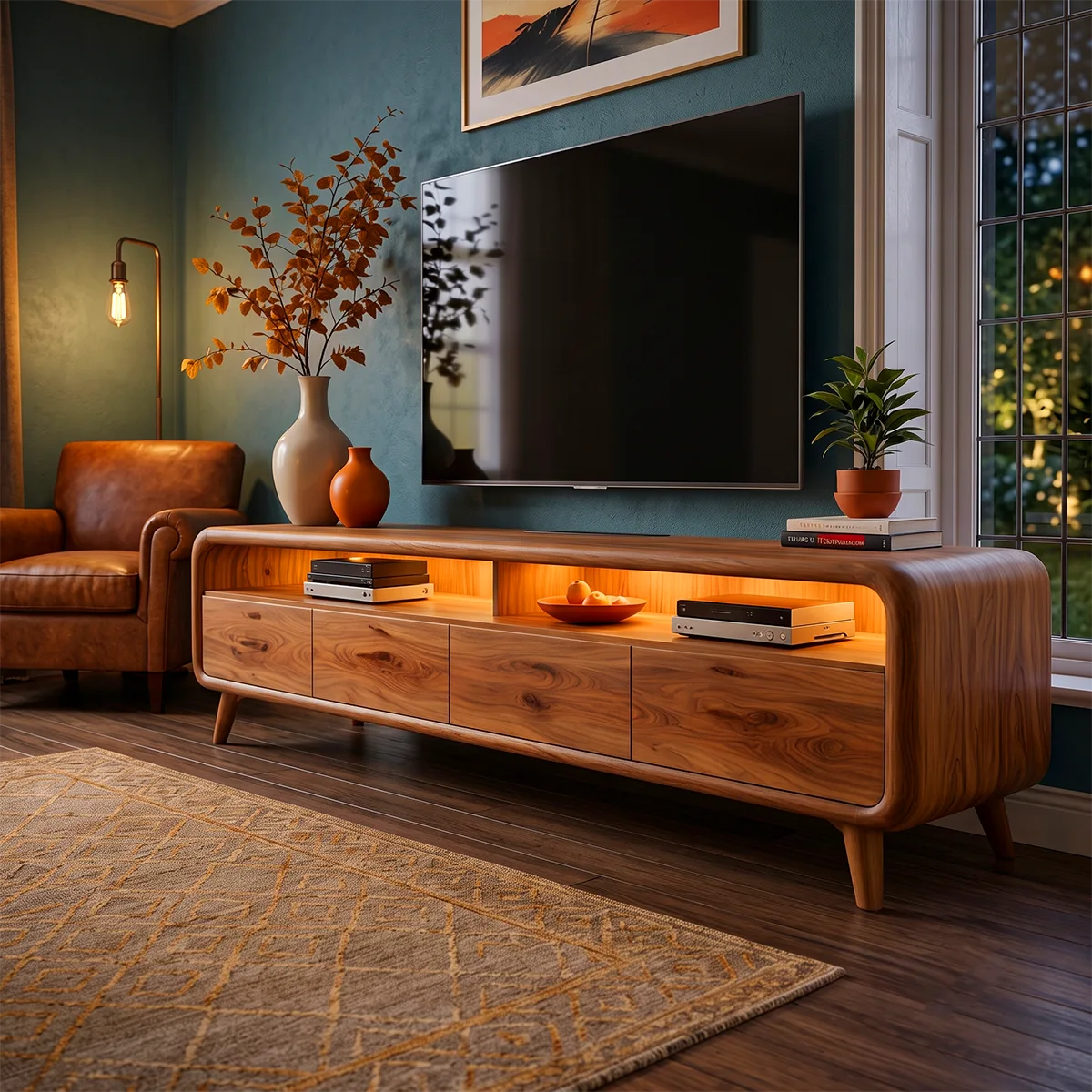 Modern TV Stand with 4 Enclosed Storage Compartments & 2 Open Media Shelves
