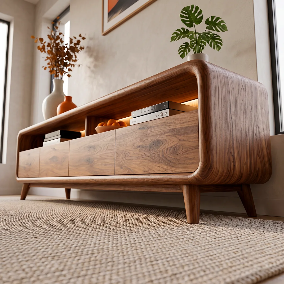 Modern TV Stand with 4 Enclosed Storage Compartments & 2 Open Media Shelves