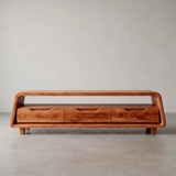 Modern Curved TV Stand with 3 Drawers & Long Open Media Shelf