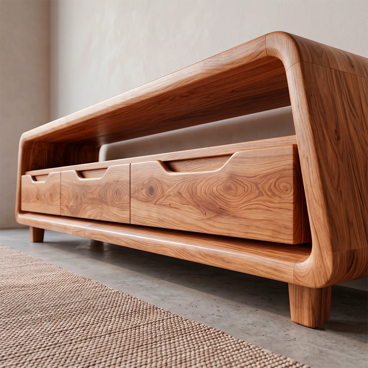 Modern Curved TV Stand with 3 Drawers & Long Open Media Shelf
