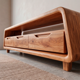 Modern Curved TV Stand with 3 Drawers & Long Open Media Shelf