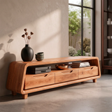Modern Curved TV Stand with 3 Drawers & Long Open Media Shelf