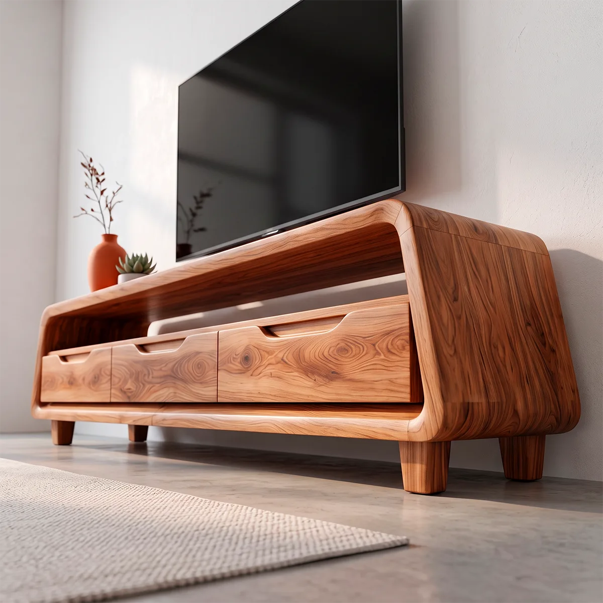Modern Curved TV Stand with 3 Drawers & Long Open Media Shelf