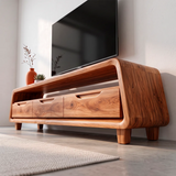 Modern Curved TV Stand with 3 Drawers & Long Open Media Shelf