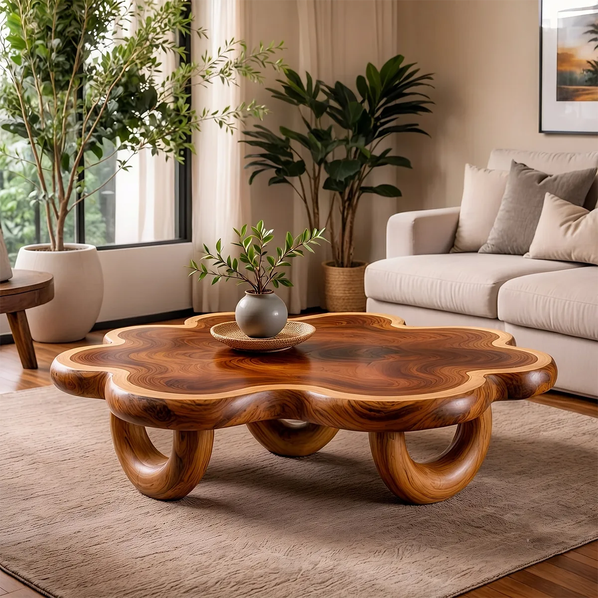Organic Solid Wood Coffee Table | Sculptural Flower-Shaped Modern Center Table TT006-3040