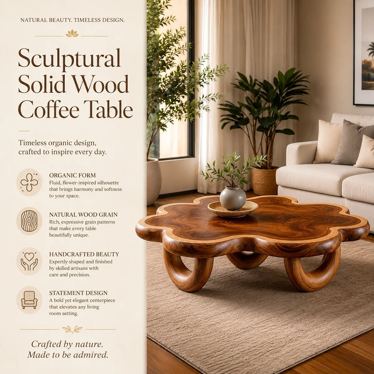 Organic Solid Wood Coffee Table | Sculptural Flower-Shaped Modern Center Table TT006-3040