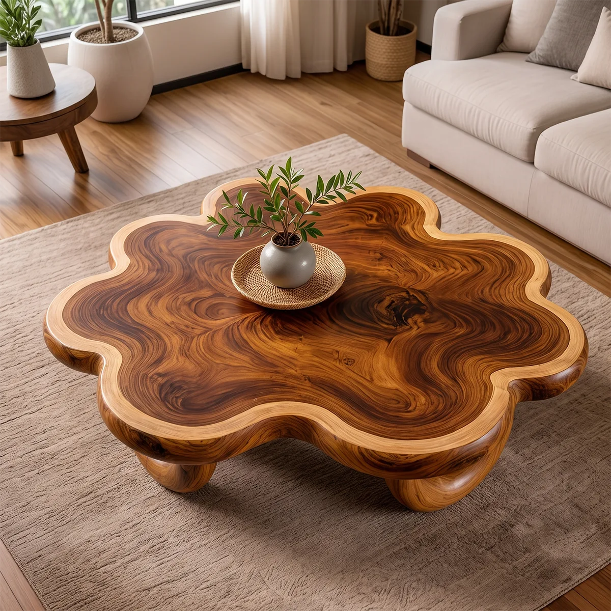 Organic Solid Wood Coffee Table | Sculptural Flower-Shaped Modern Center Table TT006-3040