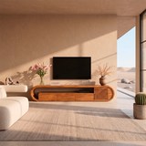 Modern TV Stand with 3 Drawers, Open Shelf & Fluted Cabinet | Curved Media Console