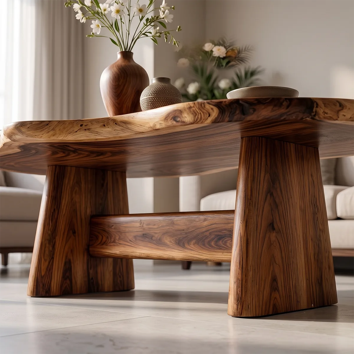 Organic Solid Wood Coffee Table | Live Edge Modern Center Table with Sculptural Base TT006-5632
