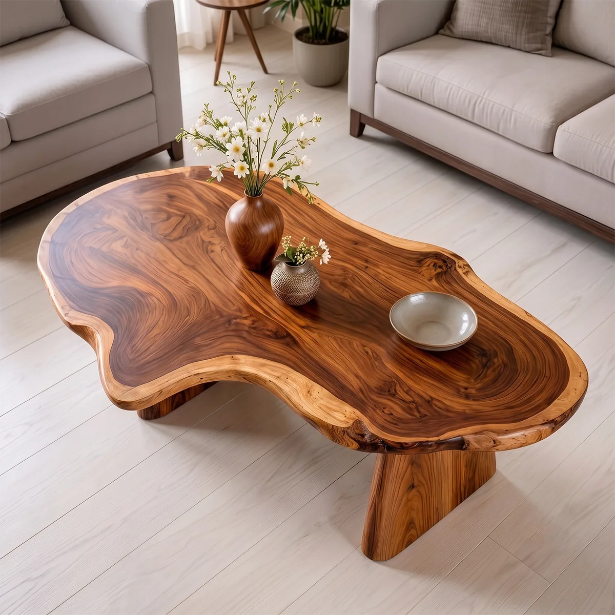 Organic Solid Wood Coffee Table | Live Edge Modern Center Table with Sculptural Base TT006-5632
